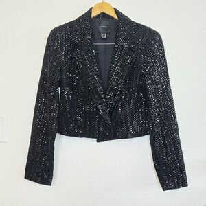 VELVET SEQUIN TUXEDO JACKET SINGLE BUTTON SPARKLE JAZZ SHOULDER PADS